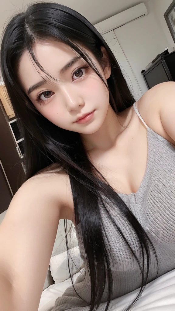 (High resolution:1.3), Japanese, (One Girl), Beautiful Face, (Black-haired、Long Hair:1.4), Beautiful Hairstyles, (Gray Eyes), Realistic eyes, Beautiful and detailed eyes, (White skin:1.2), Beautiful skins, Highly detailed cute girl,(20-year-old), Selfie, Bedroom