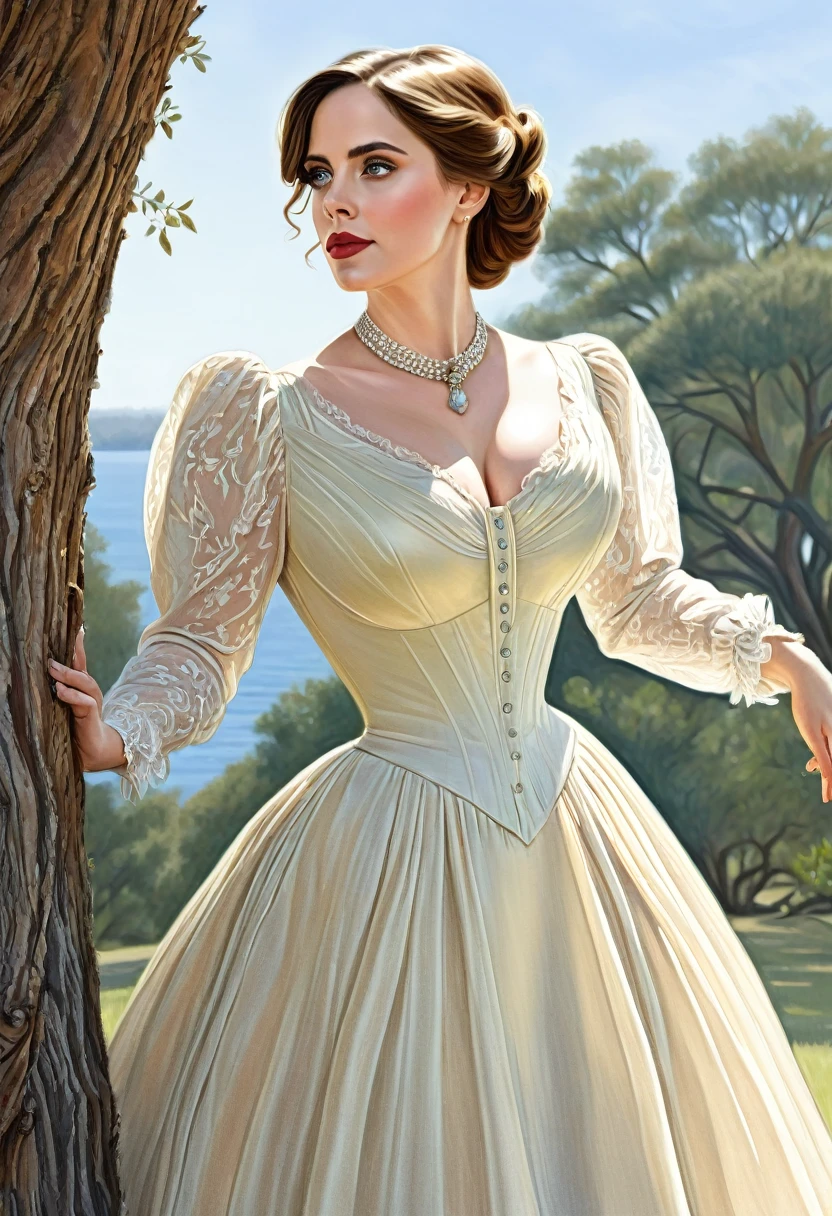 A colored pencil sketch of A beautiful Aristacrat woman with large elegant, hawk-like-nose, who embodies old fashioned class, sophistication, elgance as well as wholesome, natural beauty. curvy, thin-waist, wide-hips, swaying-hips. . Oppulent historically accurate victorian dress.  mash up of Laura Vandervoort Alison Brie, Scarlett Johanson She is litting seductively under a live oak tree.