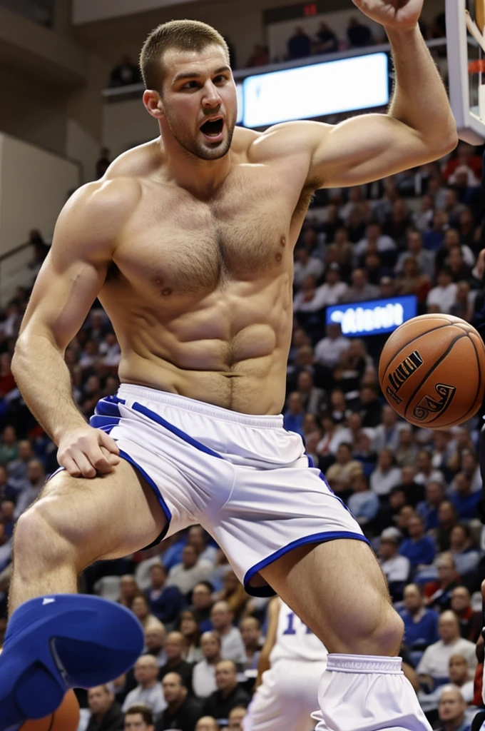 Shirtless Caucasian fat basketball player 