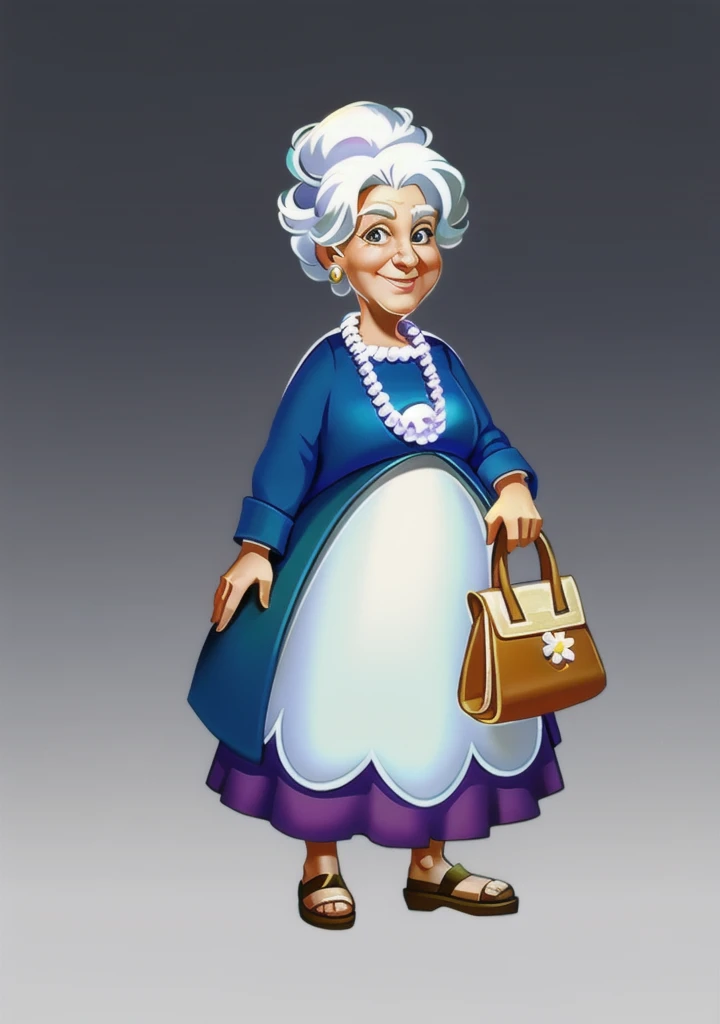 European and American cartoons, game character, Original design, 1 girl, have, old WOMAN, Jewelry, flower, Bag, skirt, necklace, Smile, earrings, White hair, have flower, whole body, HANDBag, shoe, permanent, old, PEARL necklace, slope BACKGROUND, slope, Look at the audience