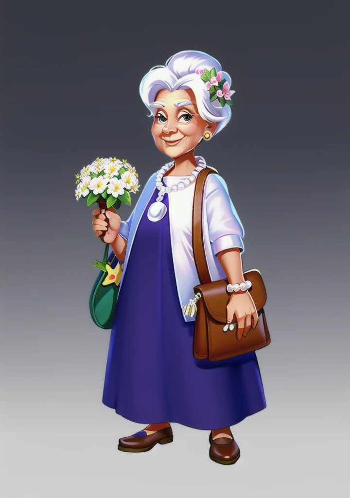 European and American cartoons, game character, Original design, 1 girl, have, old WOMAN, Jewelry, flower, Bag, skirt, necklace, Smile, earrings, White hair, have flower, whole body, HANDBag, shoe, permanent, old, PEARL necklace, slope BACKGROUND, slope, Look at the audience