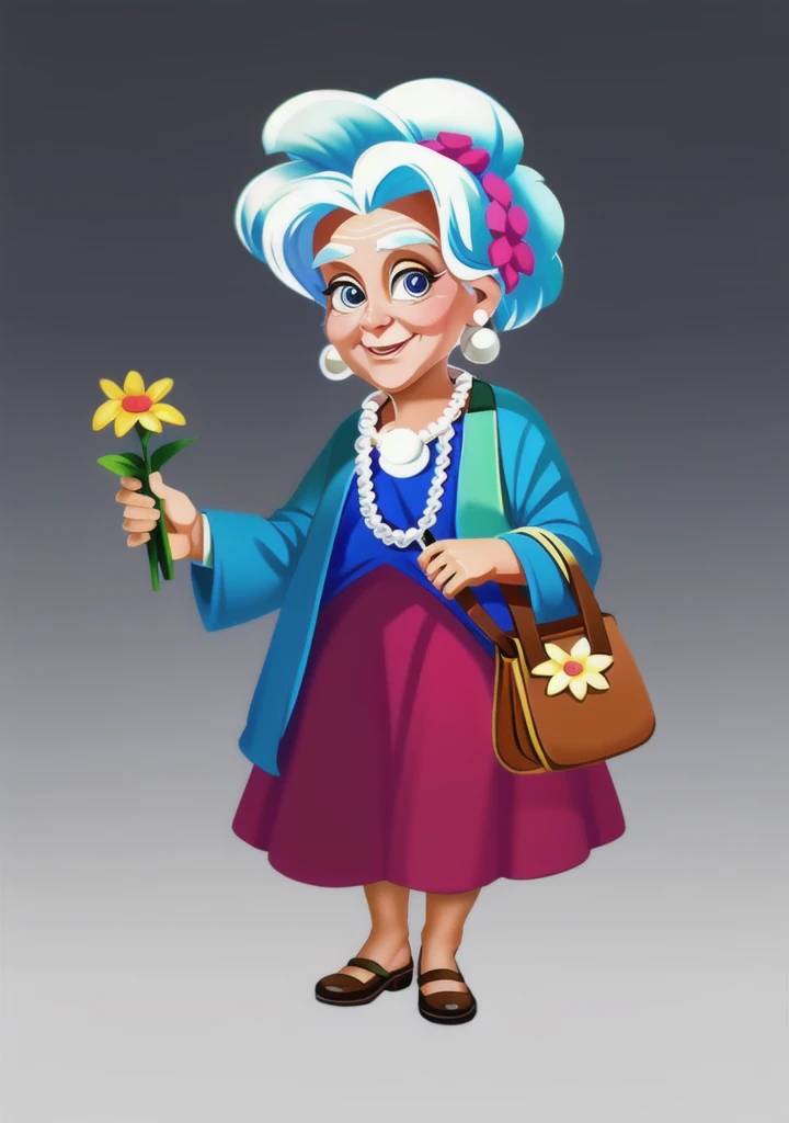 European and American cartoons, game character, Original design, 1 girl, have, old WOMAN, Jewelry, flower, Bag, skirt, necklace, Smile, earrings, White hair, have flower, whole body, HANDBag, shoe, permanent, old, PEARL necklace, slope BACKGROUND, slope, Look at the audience