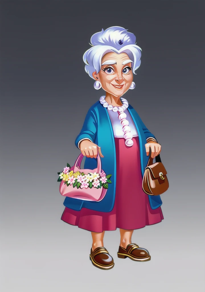 European and American cartoons, game character, Original design, 1 girl, have, old WOMAN, Jewelry, flower, Bag, skirt, necklace, Smile, earrings, White hair, have flower, whole body, HANDBag, shoe, permanent, old, PEARL necklace, slope BACKGROUND, slope, Look at the audience