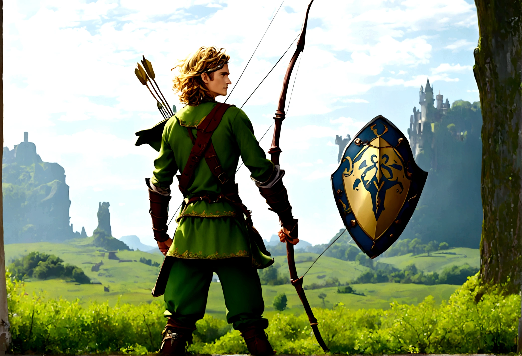 Orlando Bloom (2008, Link Costume, bow and arrow, shield on back) heroic pose, monster in distance
