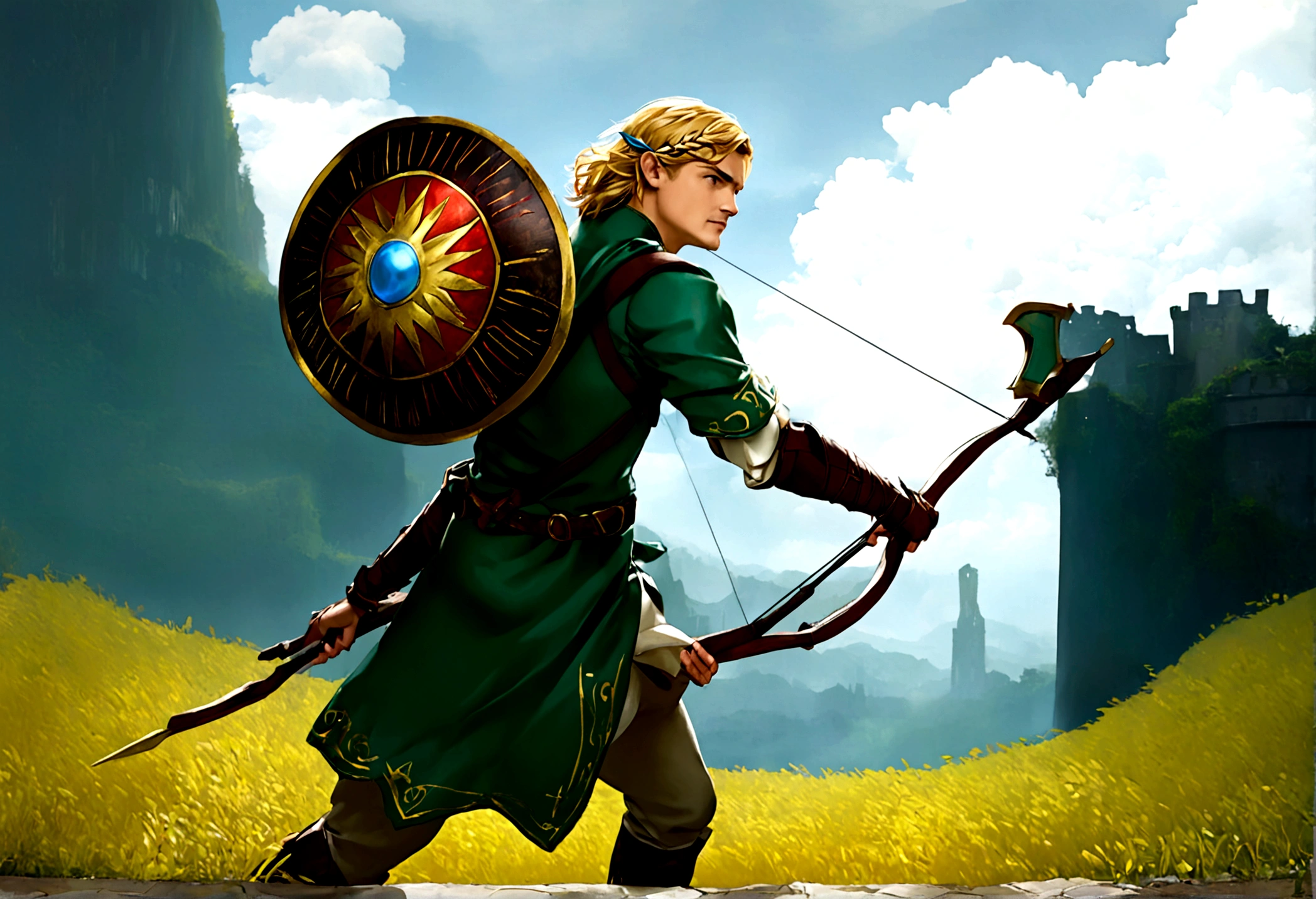 Orlando Bloom (2008, Link Costume, bow and arrow, shield on back) heroic pose, monster in distance
