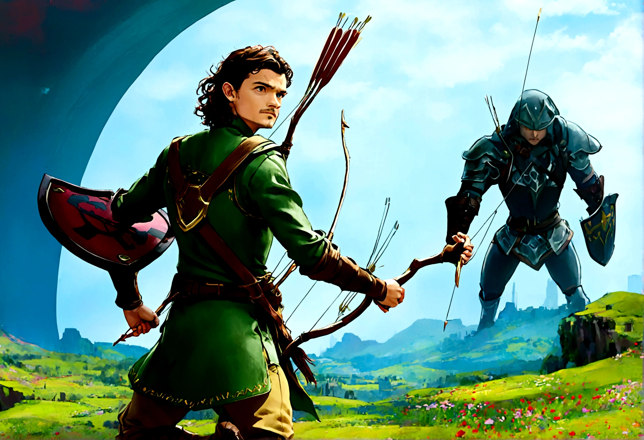 Orlando Bloom (2008, Link Costume, bow and arrow, shield on back) heroic pose, monster in distance
