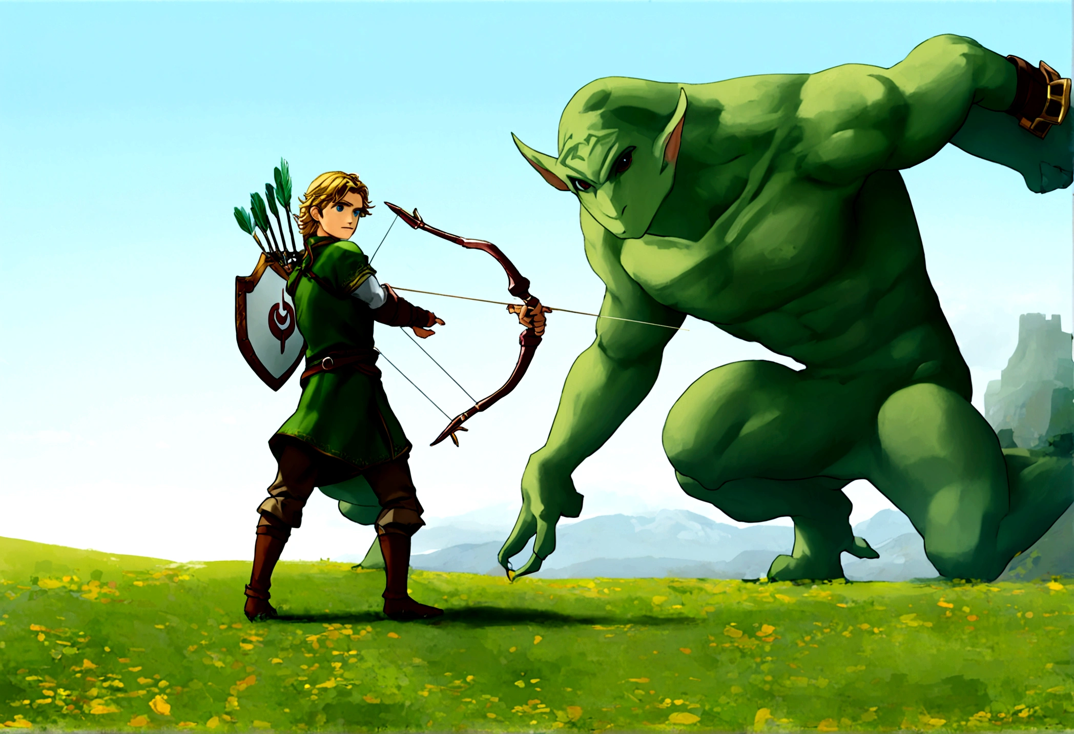 Orlando Bloom (2008, Link Costume, bow and arrow, shield on back) heroic pose, monster in distance
