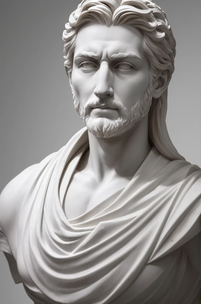 a stoic man sculpted in white marble stoic and detailed face espiritual peaceful highly detail jawline