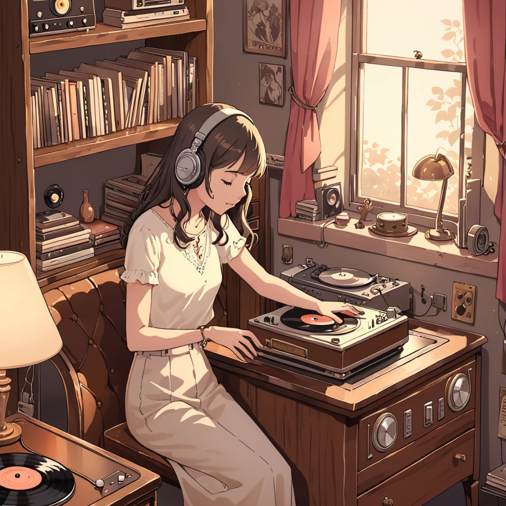In a cozy room adorned with vintage decor, an anime girl sits comfortably beside a classic record player. The record player is a nostalgic piece, crafted from polished wood with intricate detailing and adorned with leather accents. Soft, warm light from a nearby lamp bathes the room, creating a tranquil ambiance. The girl, dressed in casual attire, wears headphones that are connected to the record player. Her eyes are closed, completely absorbed in the music emanating from the vinyl spinning gently on the turntable. Around her, shelves are lined with a collection of retro vinyl records, each one bearing the marks of a bygone era. The scene captures a moment of pure enjoyment and nostalgia as she immerses herself in the timeless melodies of the past