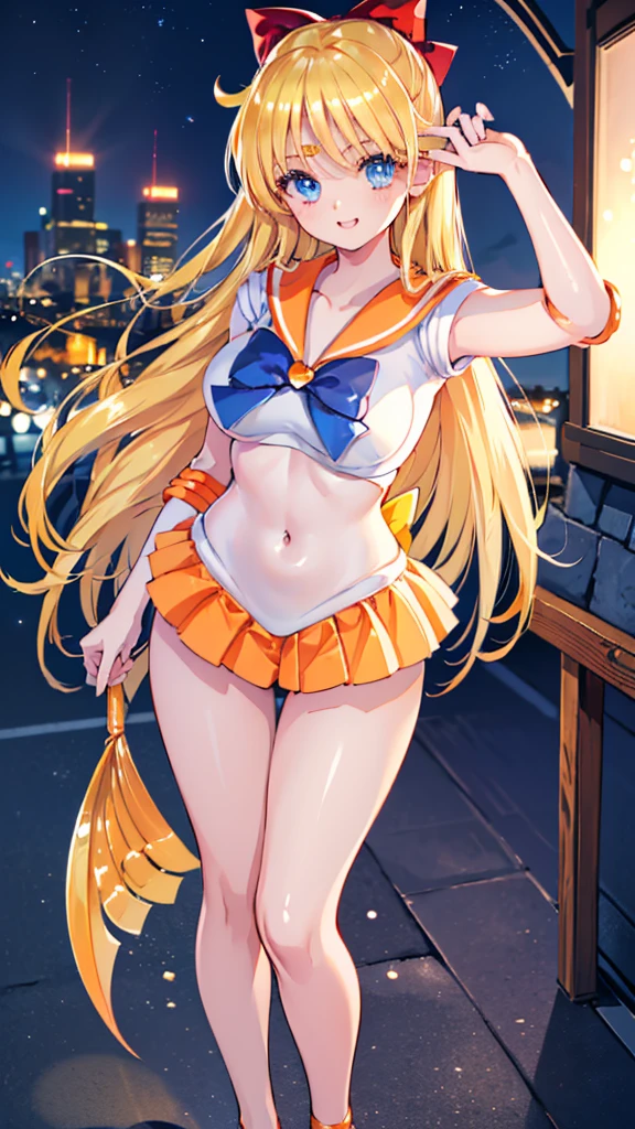 1girl, Angle from the front, ((She leans forward to accentuate her breasts and show off her bust.)), (Moonlit night)、(On the roof of a building)、thighs、(shiny White skin:1.6)、blue eyes, ((Slim figure)), ( girl), (A sadistic and malicious grin), Stick out your tongue、Winking、(grin), (Shiny blonde hair)、Long hair, (forehead), (feet), Blue ribbon on chest, (Big red ribbon), ((Sailor Venus))、Sailor suit、(Orange pleated mini skirt)、panties, sexy pose, (The abdomen is exposed)、