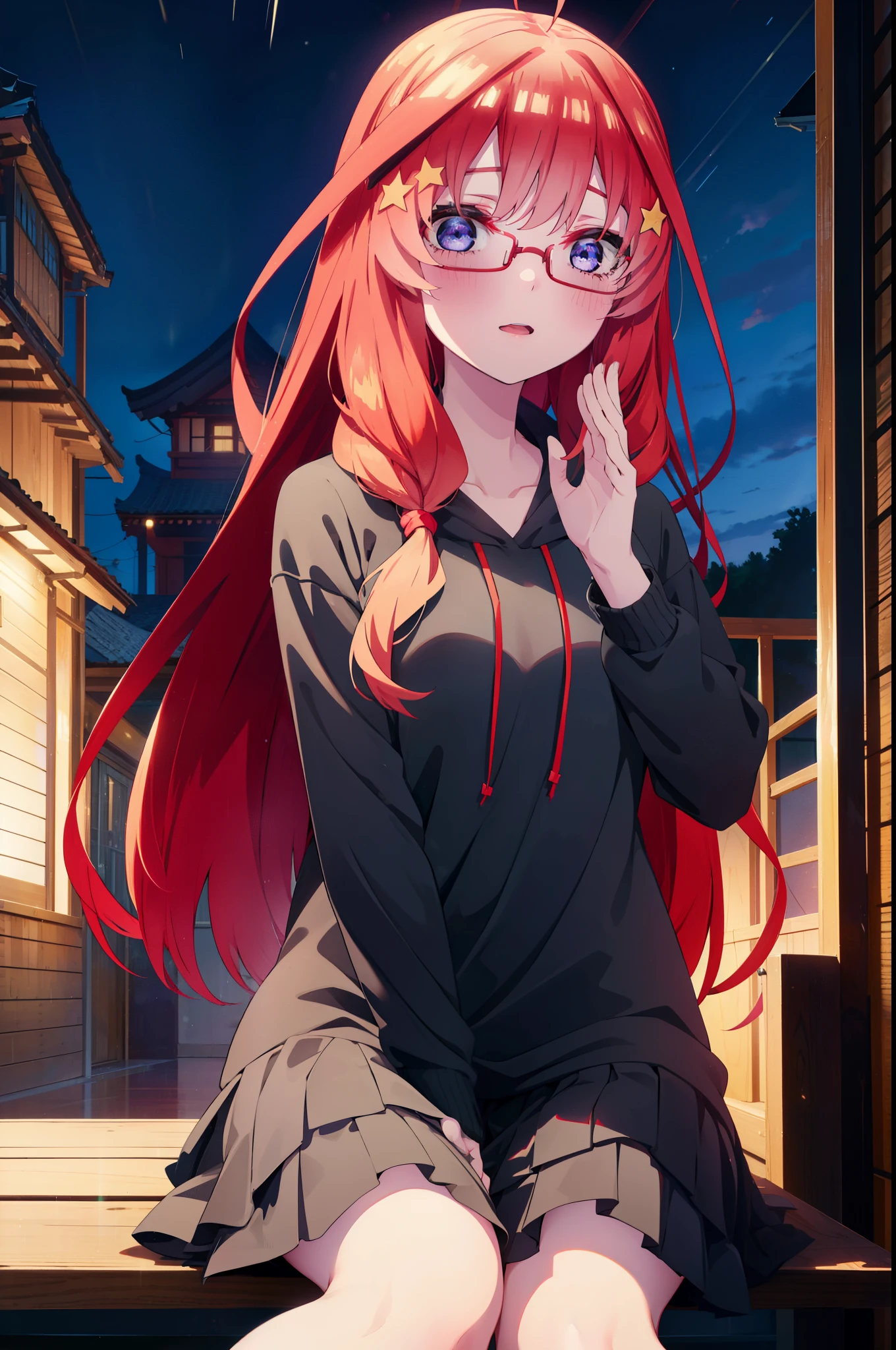itsukinakano, itsuki nakano, bangs, blue eyes, Hair between the eyes, Ahoge, Redhead, star \(symbol\), hair ornaments, star hair ornaments,smile,blush,Open your mouth,Long braids,Red-rimmed glasses,Oversized red hoodie and long skirt,Black pantyhose,boots,Hiding in a roofed building,Sitting on the steps of a roofed building,rain,night,whole bodyがイラストに入るように,
break indoors, Alley,
break looking at viewer, whole body,
break (masterpiece:1.2), Highest quality, High resolution, unity 8k wallpaper, (figure:0.8), (Beautiful attention to detail:1.6), Highly detailed face, Perfect lighting, Highly detailed CG, (Perfect hands, Perfect Anatomy),