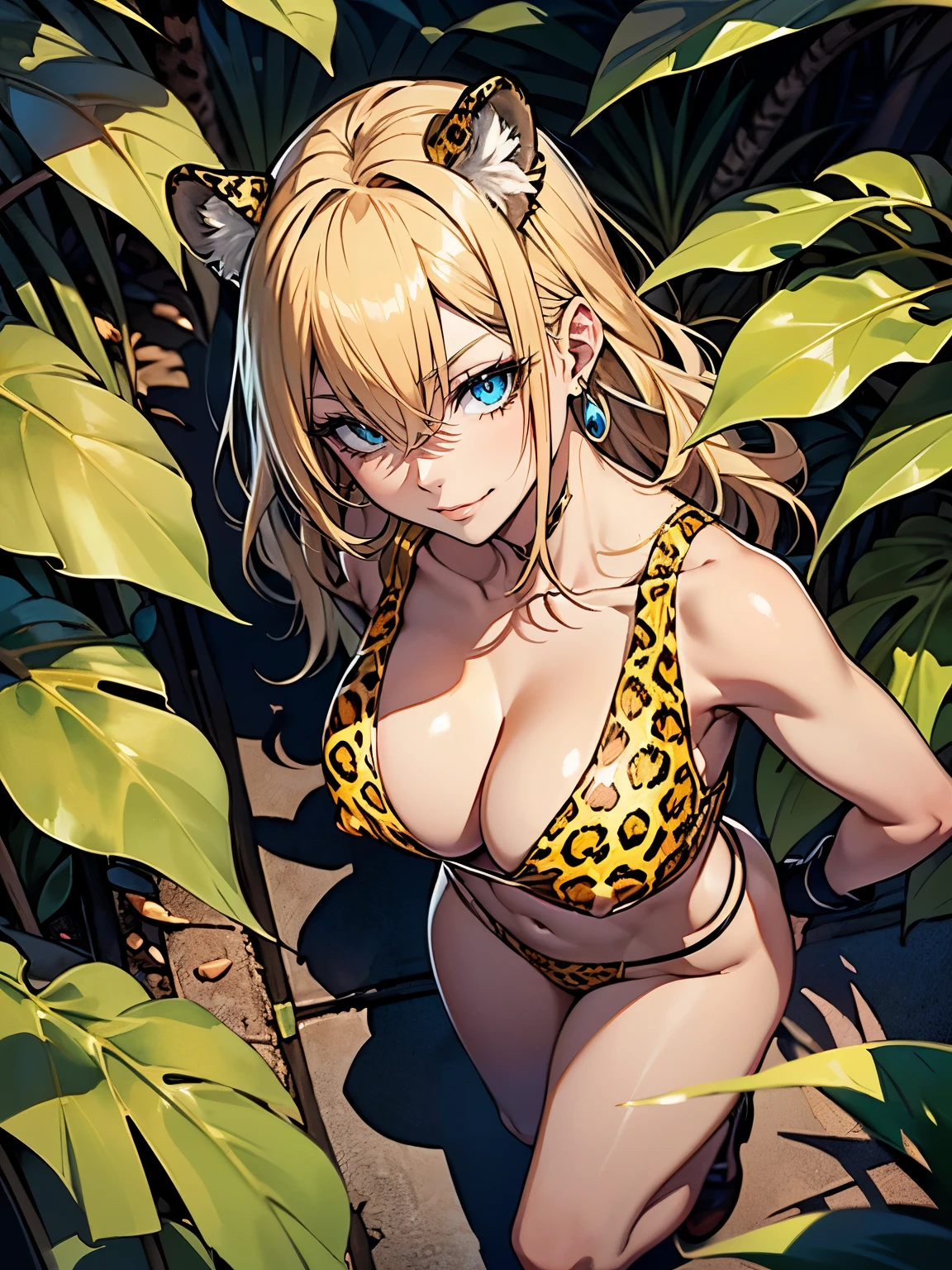 ((Seductive Anime lady:1.3, solo:1.5))、((fusion of leopard and lady:1.4))、((animal ear))、((Lie on your back:1.2, full body))、((yellow color, thong1.2))、((wedgie))、((dark skin))、blonde hair、((looking up at viewer:1.2))、((from above:1.2))、((Being in jungle:1.3))、erect nipples、((crop top navel:1.2))、((cleavage))、((Slender body))、((sleeveless:1.2))、((collarbone))、((Glossy realistic skin texture))、((shiny skin))、masterpiece, ultra-detailliert, 8k, hiquality, Top image quality, Smooth texture、watercolor