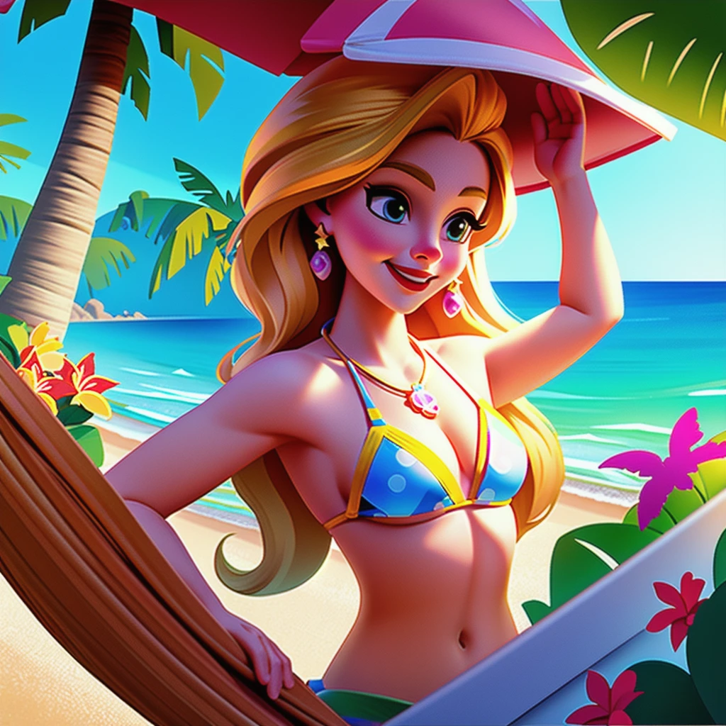 European and American cartoons, Art Illustration, 1 Girl, Solitary, have, Swimwear, Jewelry, Bikini, Blonde, breast, earrings, sun have, Smile, Weaving, polka dot, Long hair, Leaves, Looking at the audience, flower, medium breast, necklace, single Weaving, have bow, Shoulder-length hair, beach, Palm tree, water