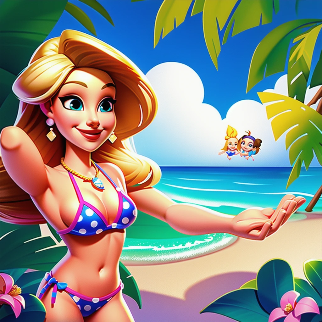 European and American cartoons, Art Illustration, 1 Girl, Solitary, have, Swimwear, Jewelry, Bikini, Blonde, breast, earrings, sun have, Smile, Weaving, polka dot, Long hair, Leaves, Looking at the audience, flower, medium breast, necklace, single Weaving, have bow, Shoulder-length hair, beach, Palm tree, water