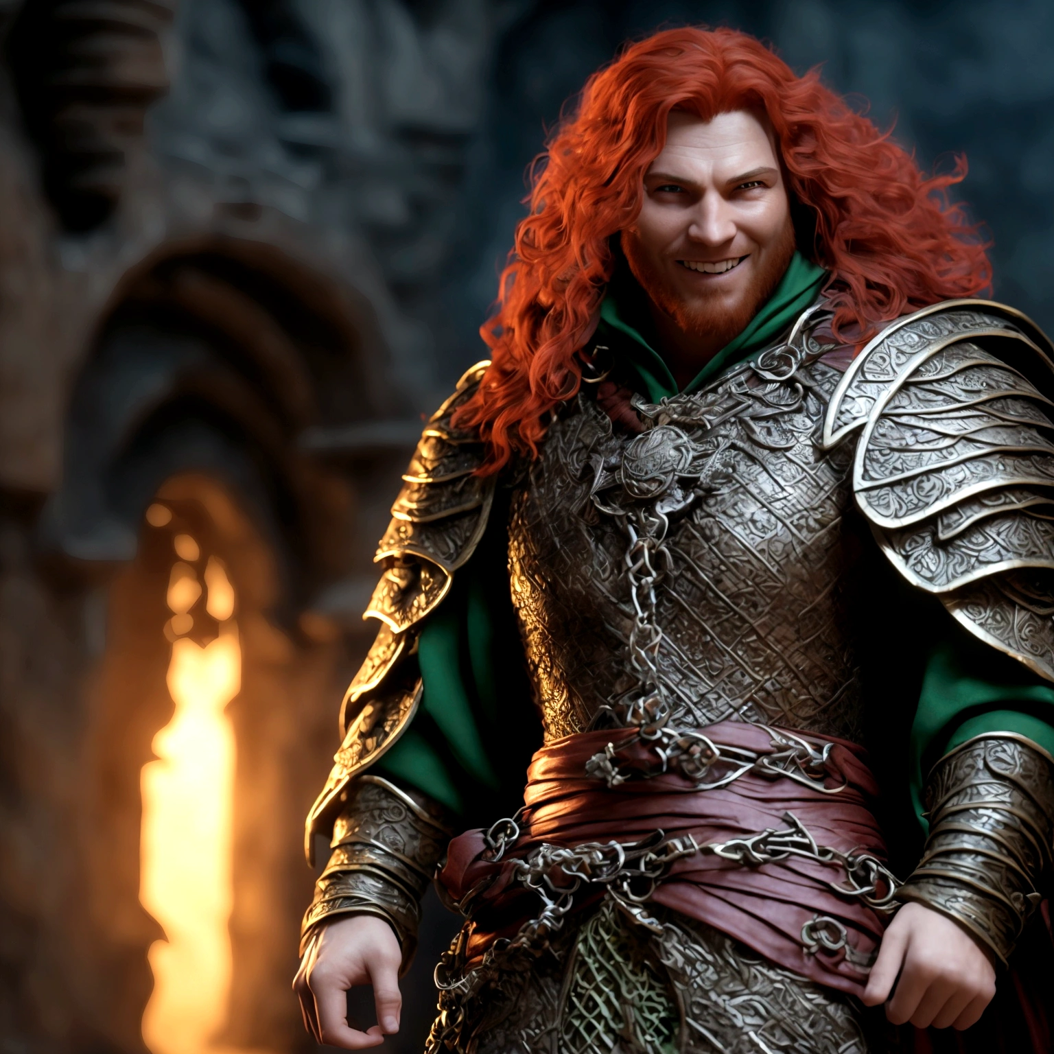 Strong and robust man, red hair, green eyes, chain mail, green earrings, sun amulet, cleric's robe, smiling expression, relaxed pose, "Design inspired by the fantasy world of D&D, with dramatic and impressive lighting, full of creative details. Ultra-fine 3D design, presenting magical and intricate scenery, amazing scenery. Boasting clarity of Animation resolution, HD graphics, high-quality rendering, high-octane rendering"