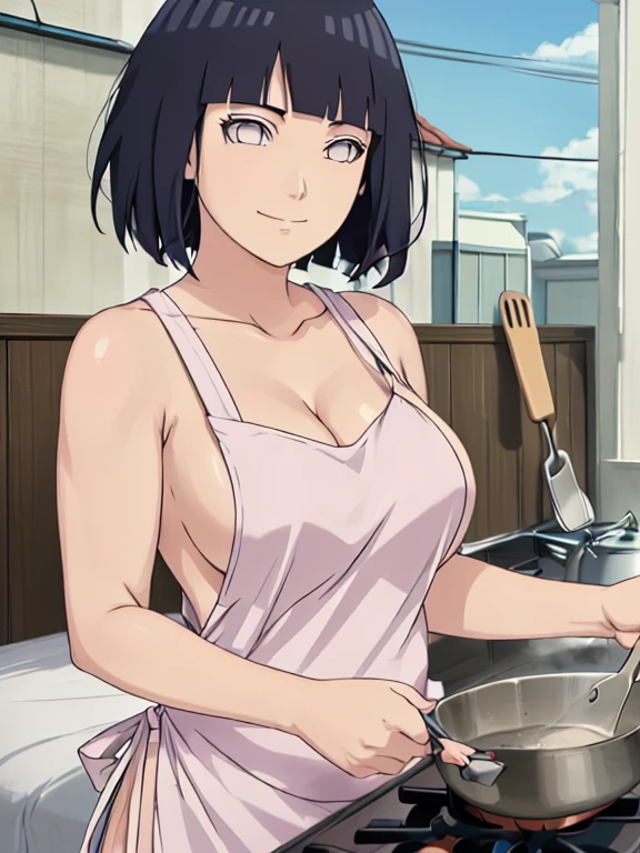 (hinata\(boruto\), (sfw, high quality, anime, cowboy shot, white apron only, off-shoulders, little biceps, super detailed body, smile), ((cooking)), (medium-big breasts, cleavage), closed mouth), pale skin, ((floating hair, dark blue, short hair, hime cut، loose hair), (location: bed, windy afternoon),
