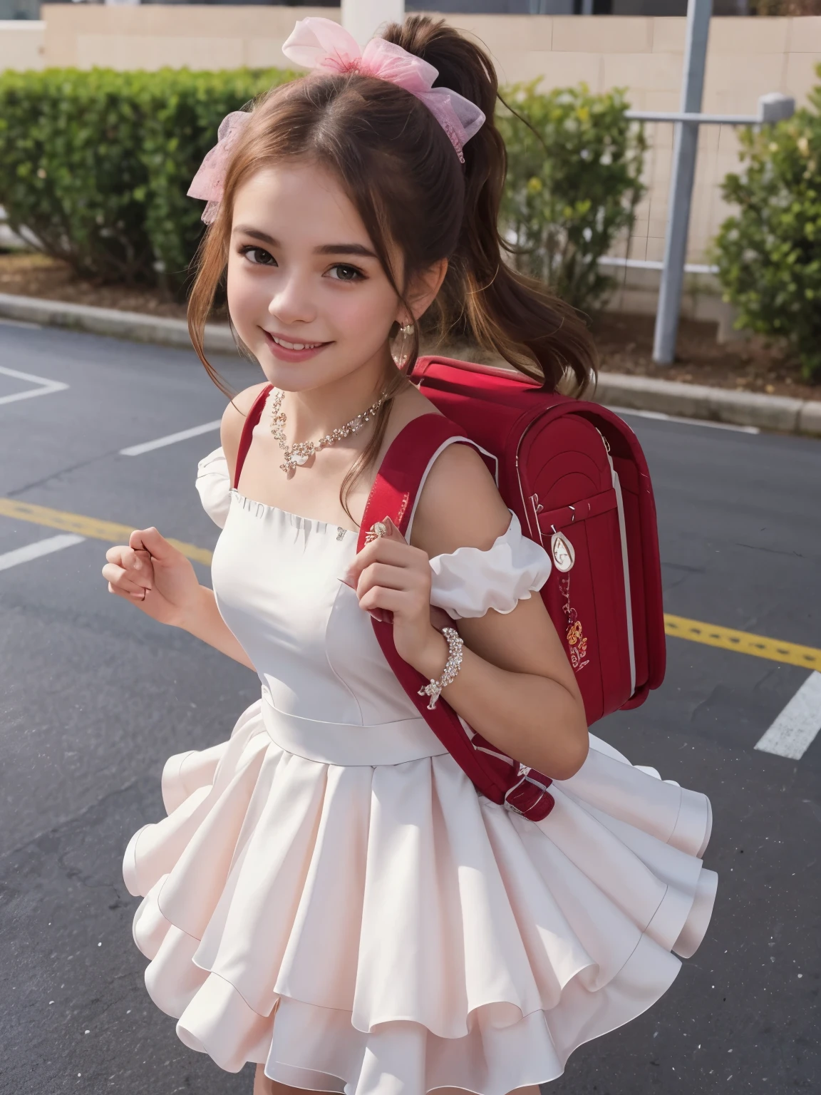 Masterpiece, hd, realistic 18 year old female high school girl standing on outdoor , wearing party dress, sparkling dress, accesories, puffy sleeves, white and pink dress, shiny dress, idol dress:1.5,best smile,brown hair:1.5,medium hair, ponytail, hair ribbon ,Carrying a school backpack, (school backpack:1.2), hair ornaments