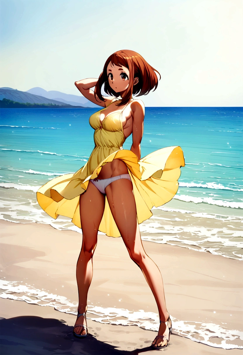 Ochako Uraraka, Summer dress, short yellow dress, lifted dress, wind, white panties, soaked pussy, playa, standing, medium breasts, perfect legs, perfect arms, pose sexy, perfect body, noon