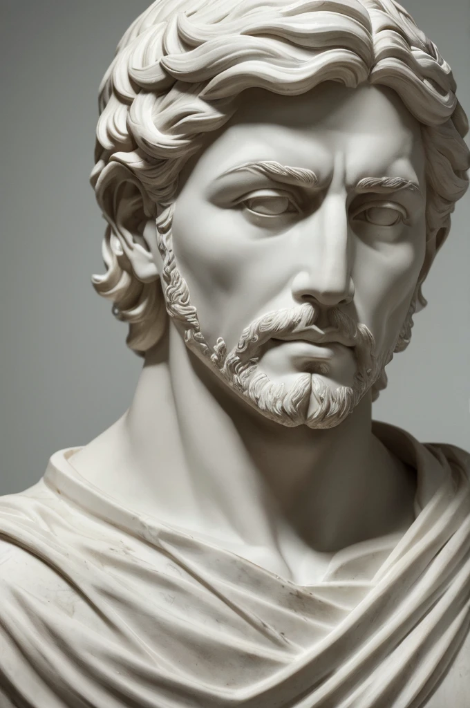 a stoic man sculpted in white marble stoic and detailed face espiritual peaceful highly detail jawline