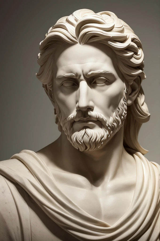 a stoic man sculpted in white marble stoic and detailed face espiritual peaceful highly detail jawline