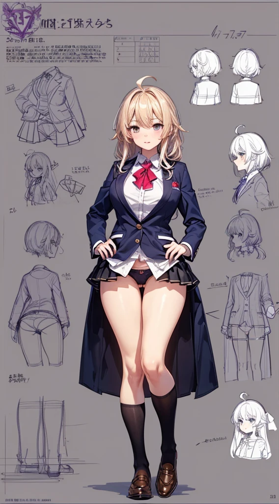 girl, alone, whole body, From head to toe, Are standing, (Huge_chest:1.3),

Character design sheet, Character Reference Sheet, 設計図のSchematic, Drafting, Blueprint, Schematic,
((Character design sheet:1.7, Character Reference Sheet:1.7,)),

anime/cartoon character wearing a girls , 1girl, alone, Thigh-high socks, blazer burezaa (blazer), Ahoge, Long Hair, bow, , shoes, loafers, ribbon, (Very short skirt:1.4), (panties:1.5),, (Good:1.7),(In underwear:1.8),nsfw,Full nudity、