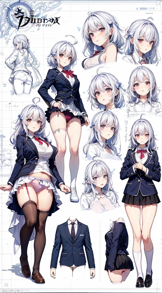 girl, alone, whole body, From head to toe, Are standing, (Huge_chest:1.3),
Character design sheet, Character Reference Sheet, 設計図のSchematic, Drafting, Blueprint, Schematic,
((Character design sheet:1.7, Character Reference Sheet:1.7,)),
anime/cartoon character wearing a girls , 1girl, alone, Thigh-high socks, blazer burezaa (blazer), Ahoge, Long Hair, bow, , shoes, loafers, ribbon, (Very short skirt:1.4), (panties:1.5),, (Good:1.7),(In underwear:1.8),nsfw,Full nudity、