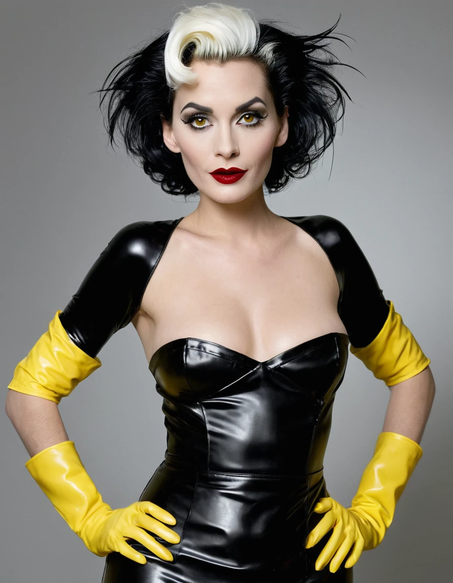 A masterpiece, High resolution, Best quality, very detailed. A naked sexy Cruella. A very magnificent hairstyle. A naked model in a long black latex butcher's apron. Hands in short yellow latex gloves on hips. A haughty pose.