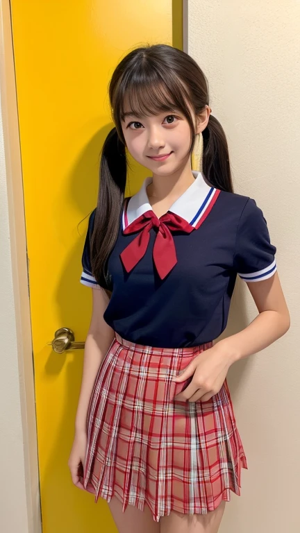 One person、One personで、An 18-year-old high school girl takes a photo wearing a short-sleeved white sailor uniform、victory、Twin tails、Tsundere、masterpiece、High resolution、Sharp focus)、Navy Blue Shirt、Red tie、Navy and red checked mini skirt、cute、Japanese women、、sexy、Laughter、(Perfect Anatomy、Delicate and beautiful hands and feet)、Yellow Wall,Small breasts、Nogizaka idol、Slim figure、sexy、I can see your thighs
