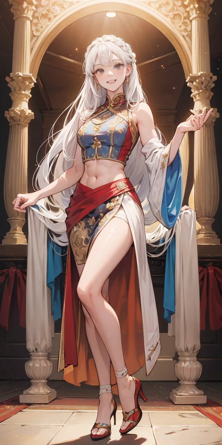(masterpiece, best quality), intricate details, 1girl, Bridesmaid Muscular full body woman White hair White braid Motherly body smile Porcelain skin Red heels with feet together Long hair Hands on waist Navel Strong abs Direct look Perfect lighting Masterpiece High quality