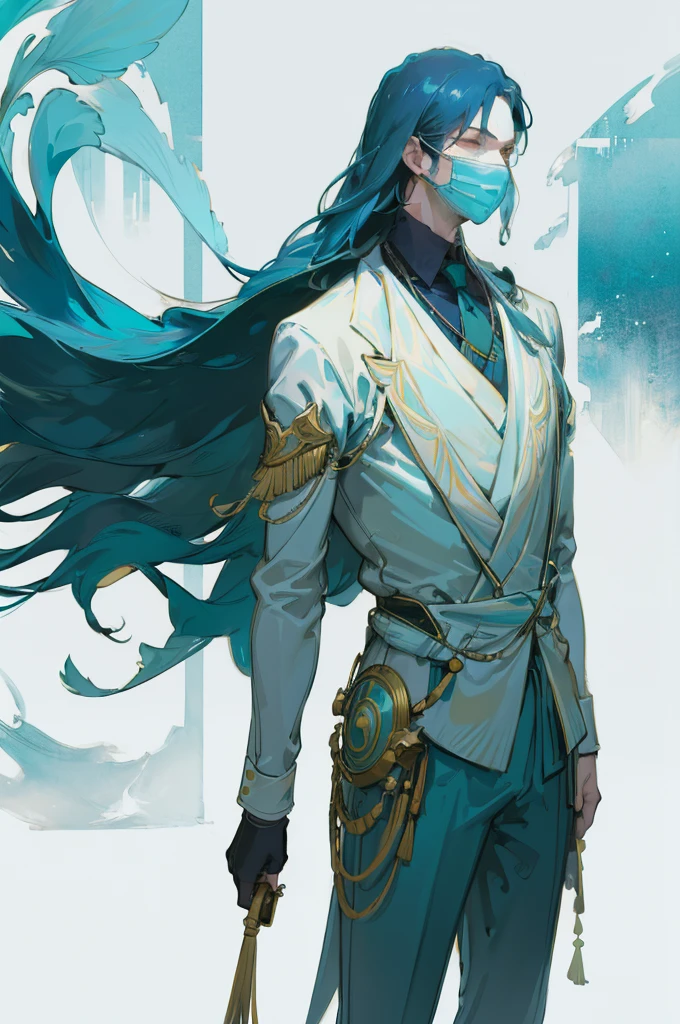 A man with fair skin, nimble body, standing, shot from far away, teal straight hair, light mist, business attire, gentle smile, respirator mask, white background, neutral colored clothes, complicated details, best quality, 8k, hyperrealistic, photorealistic, vivid colors, studio lighting, ultra-detailed