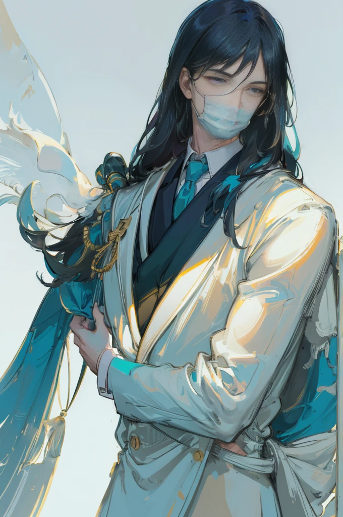 A man with fair skin, nimble body, standing, shot from far away, teal straight hair, light mist, business attire, gentle smile, respirator mask, white background, neutral colored clothes, complicated details, best quality, 8k, hyperrealistic, photorealistic, vivid colors, studio lighting, ultra-detailed