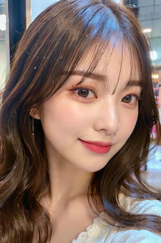 ((big laugh)), high-level image quality、20 year old Korean girl photo, raw, Beautiful woman, (Extra-long wavy blonde hair), ((Portrait)), ((Detailed face:1.2)), ((A detailed face Characterized by fine skin), pale skin, , (cold color), moist, moist, reflector stay piece) (perfectly proportions)(photos realistic)(Best Quality) photographed in a Canon EOS R5, 50mm Lens,(8K), very long upper eyelashes、Very long lower eyelashes、Detailed lashes、Curled eyelashes、eyelash perm、Beautiful lashes, Glamorous makeup、Natural eyes、Oku Duplex、very beautiful eyelashes