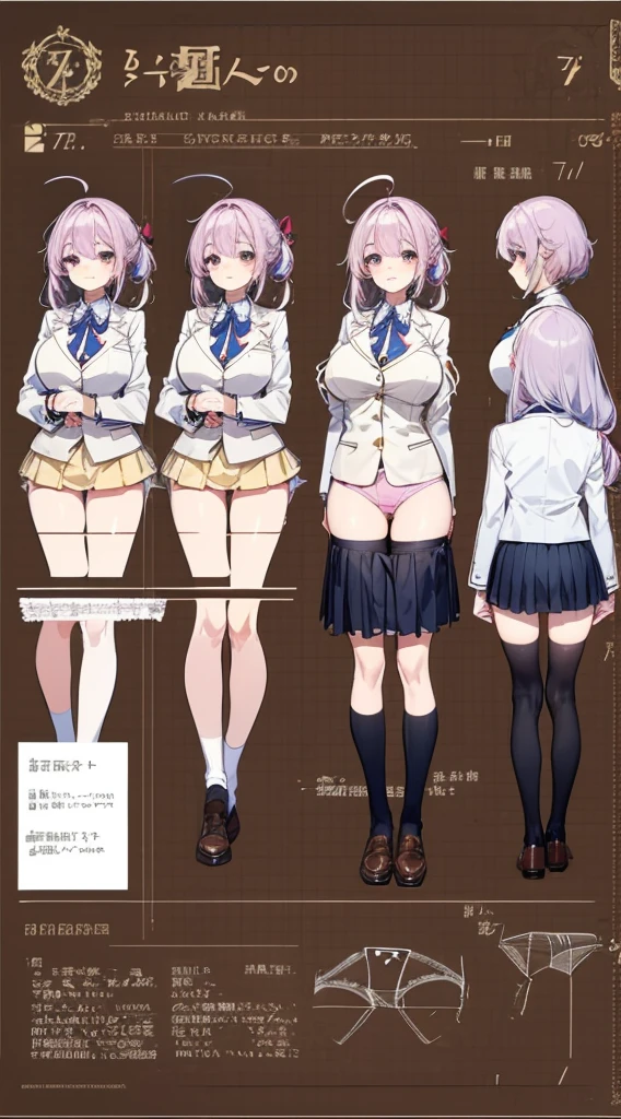 girl, alone, whole body, From head to toe, Are standing, (Huge_chest:1.3),
Character design sheet, Character Reference Sheet, 設計図のSchematic, Drafting, Blueprint, Schematic,
((Character design sheet:1.7, Character Reference Sheet:1.7,)),
anime/cartoon character wearing a girls , 1girl, alone, Thigh-high socks, blazer burezaa (blazer), Ahoge, Long Hair, bow, , shoes, loafers, ribbon, (Very short skirt:1.4), (panties:1.5),, (Good:1.7),(In underwear:1.8),nsfw,Full nudity、