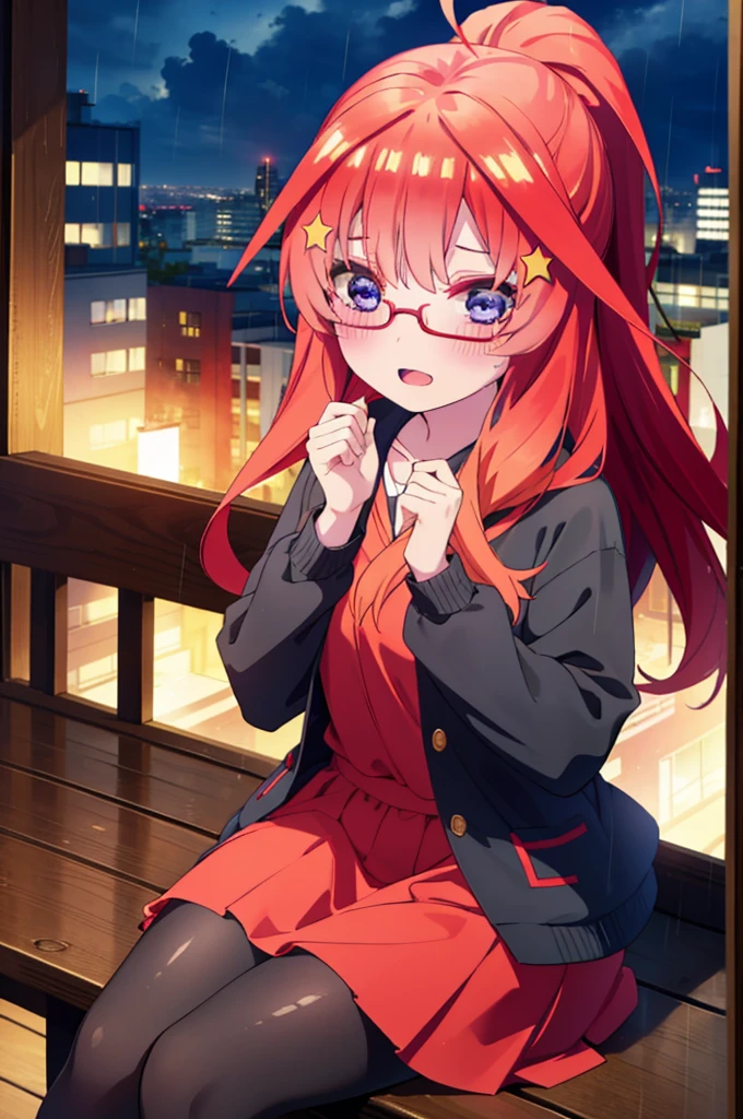 itsukinakano, itsuki nakano, bangs, blue eyes, Hair between the eyes, Ahoge, Redhead, star \(symbol\), hair ornaments, star hair ornaments,smile,blush,Open your mouth,ponytail,Red-rimmed glasses,Oversized red hoodie and long skirt,Black pantyhose,boots,Hiding in a roofed building,Sitting on the steps of a roofed building,rain,night,cloudy,whole bodyがイラストに入るように,
break indoors, Alley,
break looking at viewer, whole body,
break (masterpiece:1.2), Highest quality, High resolution, unity 8k wallpaper, (figure:0.8), (Beautiful attention to detail:1.6), Highly detailed face, Perfect lighting, Highly detailed CG, (Perfect hands, Perfect Anatomy),