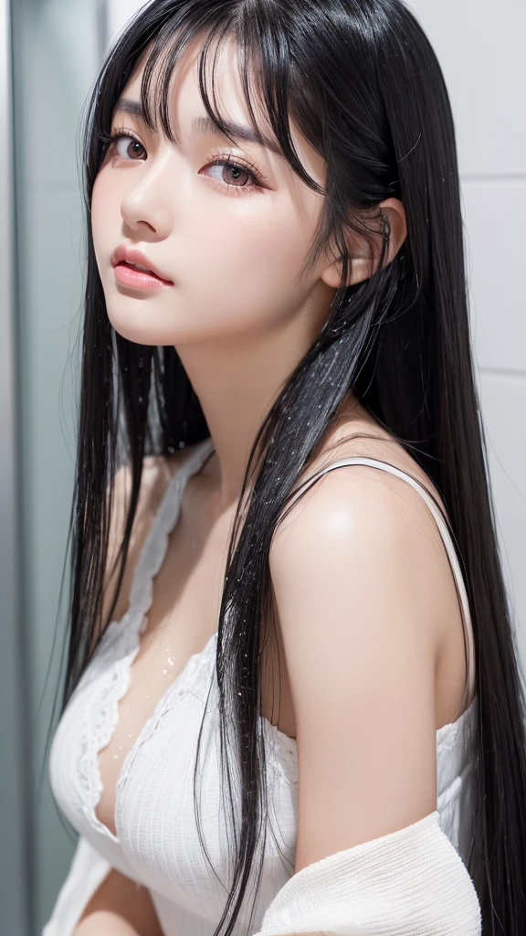 (High resolution:1.3), Japanese, (One Girl), Beautiful Face, (Black-haired、Long Hair:1.4), Beautiful Hairstyles, (Gray Eyes:1.2), Realistic eyes, Beautiful and detailed eyes, (White skin:1.2), Beautiful skins, Highly detailed cute girl,(18-year-old), shower