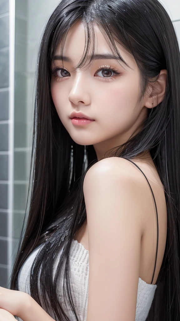 (High resolution:1.3), Japanese, (One Girl), Beautiful Face, (Black-haired、Long Hair:1.4), Beautiful Hairstyles, (Gray Eyes:1.2), Realistic eyes, Beautiful and detailed eyes, (White skin:1.2), Beautiful skins, Highly detailed cute girl,(18-year-old), shower