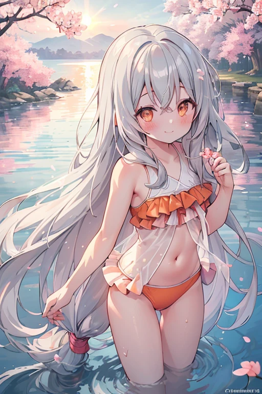 (Highest quality:1.05), One girl, Outdoor, cherry blossoms, Light of the sun, lake, Speckled sunlight, Particles of light, light, blush, smile, Very long hair, Gray Hair, Orange eyes, Swimwear, swimming, Shimizu, Water Ripples, Mid-chest,  Dynamic Lighting, Exquisite detail,