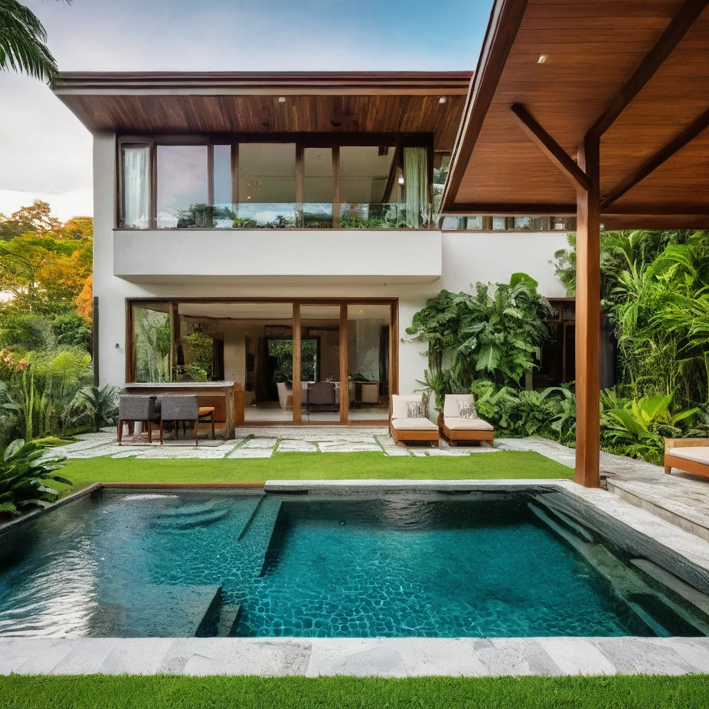 MODERN HOUSE is located on the upper hill, with wooden ceilings, in Fall, A wide-angle shot shows the front view of a contemporary two-story villa with glass windows, surrounded by lush greenery. It features an outdoor pool area with natural light. Stone pathways lead to the pool in the yard, adorned with vibrant tropical plants, Taken on a Canon EOS R5, ((big front yard)), ((SUNSET))