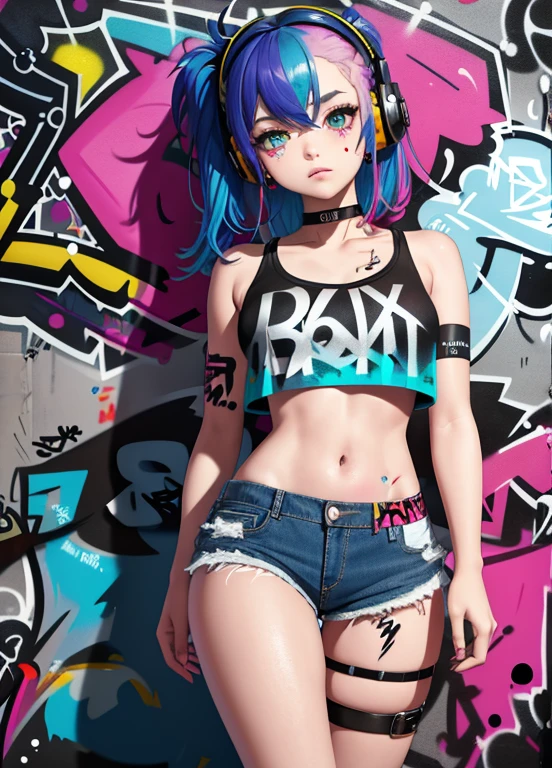 masterpiece, best quality, 1girl, solo, crop top, denim shorts, choker, (graffiti:1.5), paint splatter, arms behind back, against wall, looking at viewer, armband, thigh strap, paint on body, head tilt, bored, multicolored hair, aqua eyes, headset,