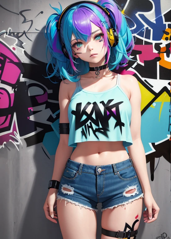 masterpiece, best quality, 1girl, solo, crop top, denim shorts, choker, (graffiti:1.5), paint splatter, arms behind back, against wall, looking at viewer, armband, thigh strap, paint on body, head tilt, bored, multicolored hair, aqua eyes, headset,