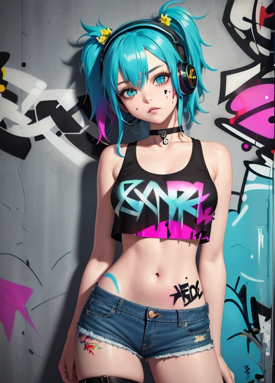 masterpiece, best quality, 1girl, solo, crop top, denim shorts, choker, (graffiti:1.5), paint splatter, arms behind back, against wall, looking at viewer, armband, thigh strap, paint on body, head tilt, bored, multicolored hair, aqua eyes, headset,