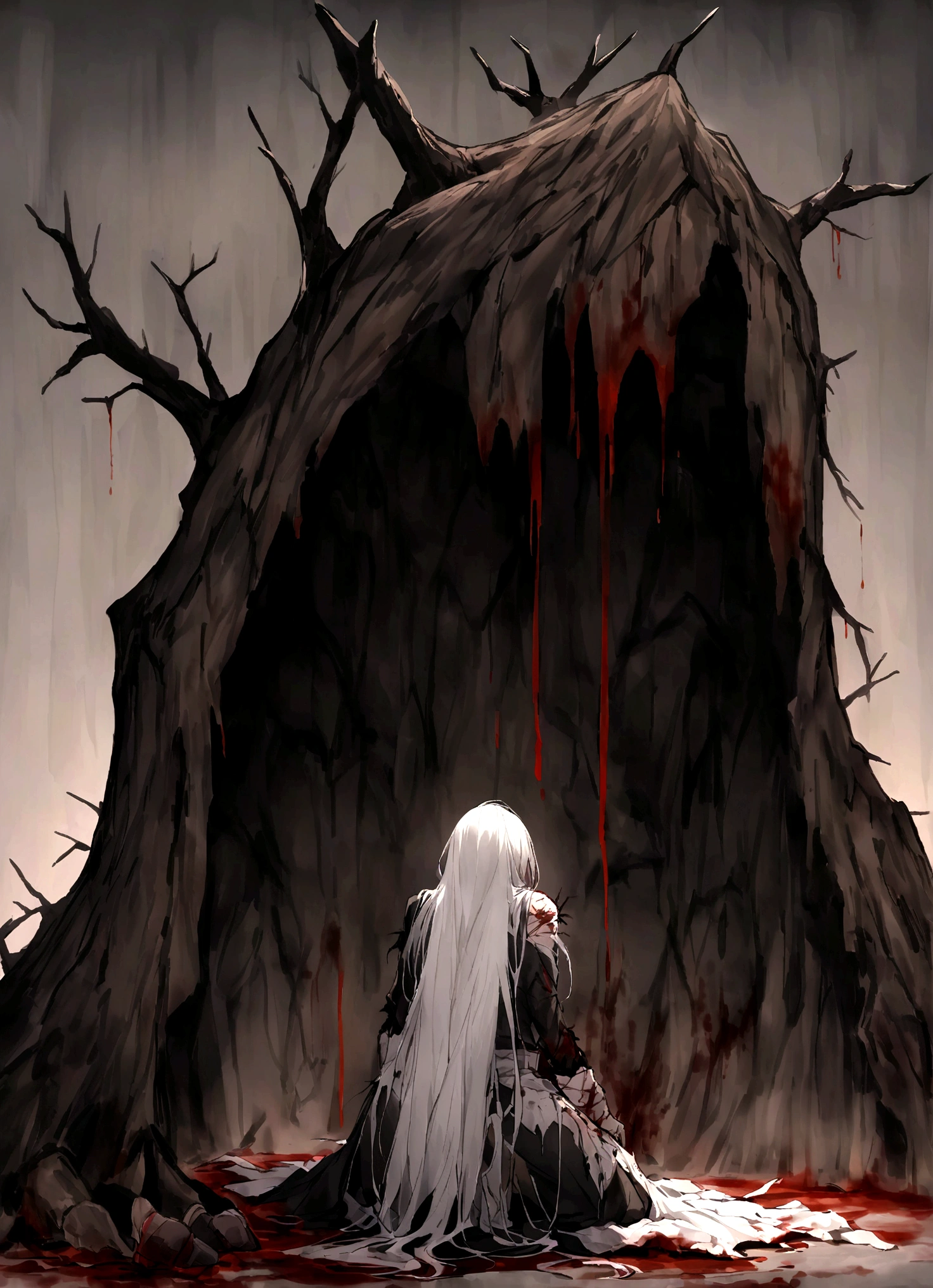 Dark atmosphere，(Background is rotten land,Dead Tree)，Kneeling on the ground，cry，Tears，Long hair，（Damaged clothing），(Blood，Wound)，White feathers，Blood，struggle