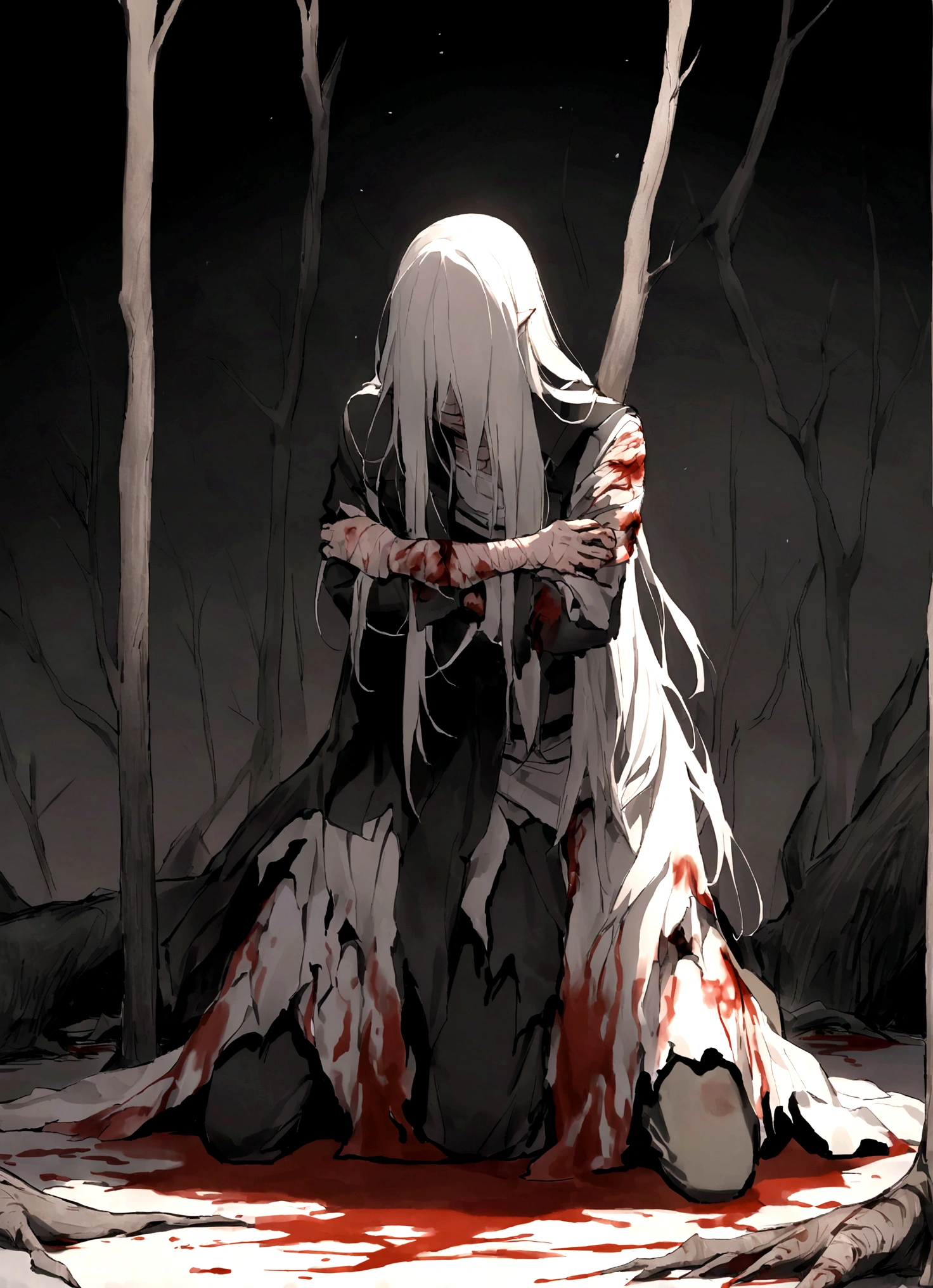 Dark atmosphere,(Background is rotten land,Dead Tree),Kneeling on the ground,cry,Tears,Long hair,(Damaged clothing),(Blood,Wound),White feathers,Blood,struggle