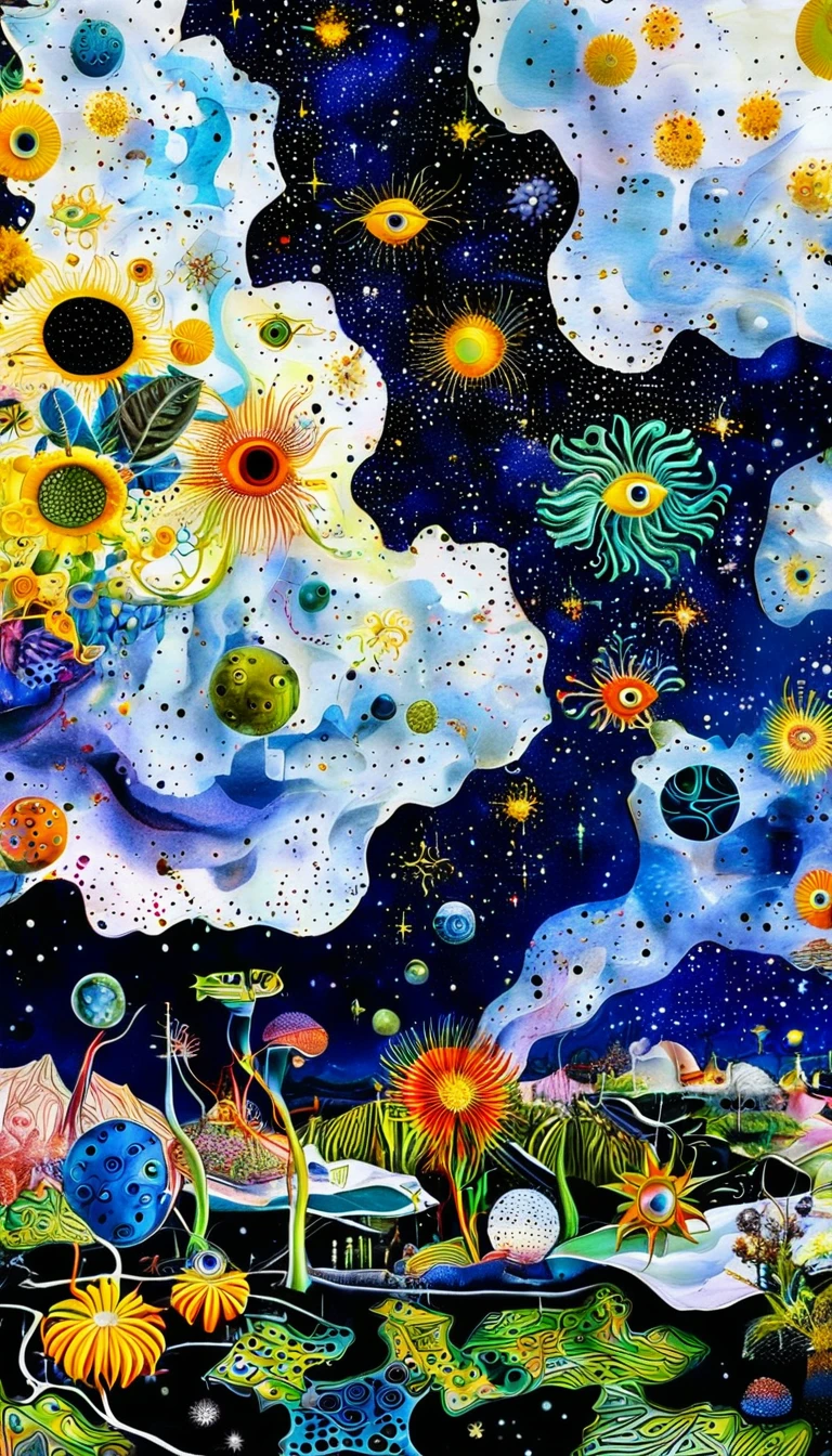 microorganism、plant、Marine life、Exquisite eyes、Starry Sky，Stitching together an abstract painting，Describing the inner world of autistic people，3D spatial sense，White Space，interesting，Innocence，Psychedelic Art，Strong contrast between light and dark