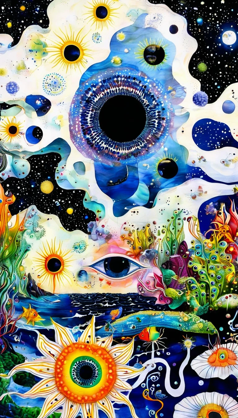 microorganism、plant、Marine life、Exquisite eyes、Starry Sky，Stitching together an abstract painting，Describing the inner world of autistic people，3D spatial sense，White Space，interesting，Innocence，Psychedelic Art，Strong contrast between light and dark