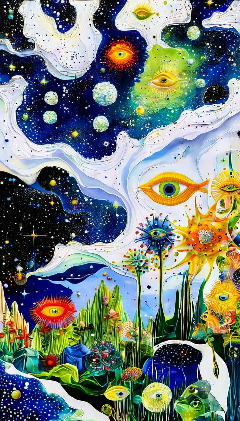 microorganism、plant、Marine life、Exquisite eyes、Starry Sky,Stitching together an abstract painting,Describing the inner world of autistic people,3D spatial sense,White Space,interesting,Innocence,Psychedelic Art,Strong contrast between light and dark