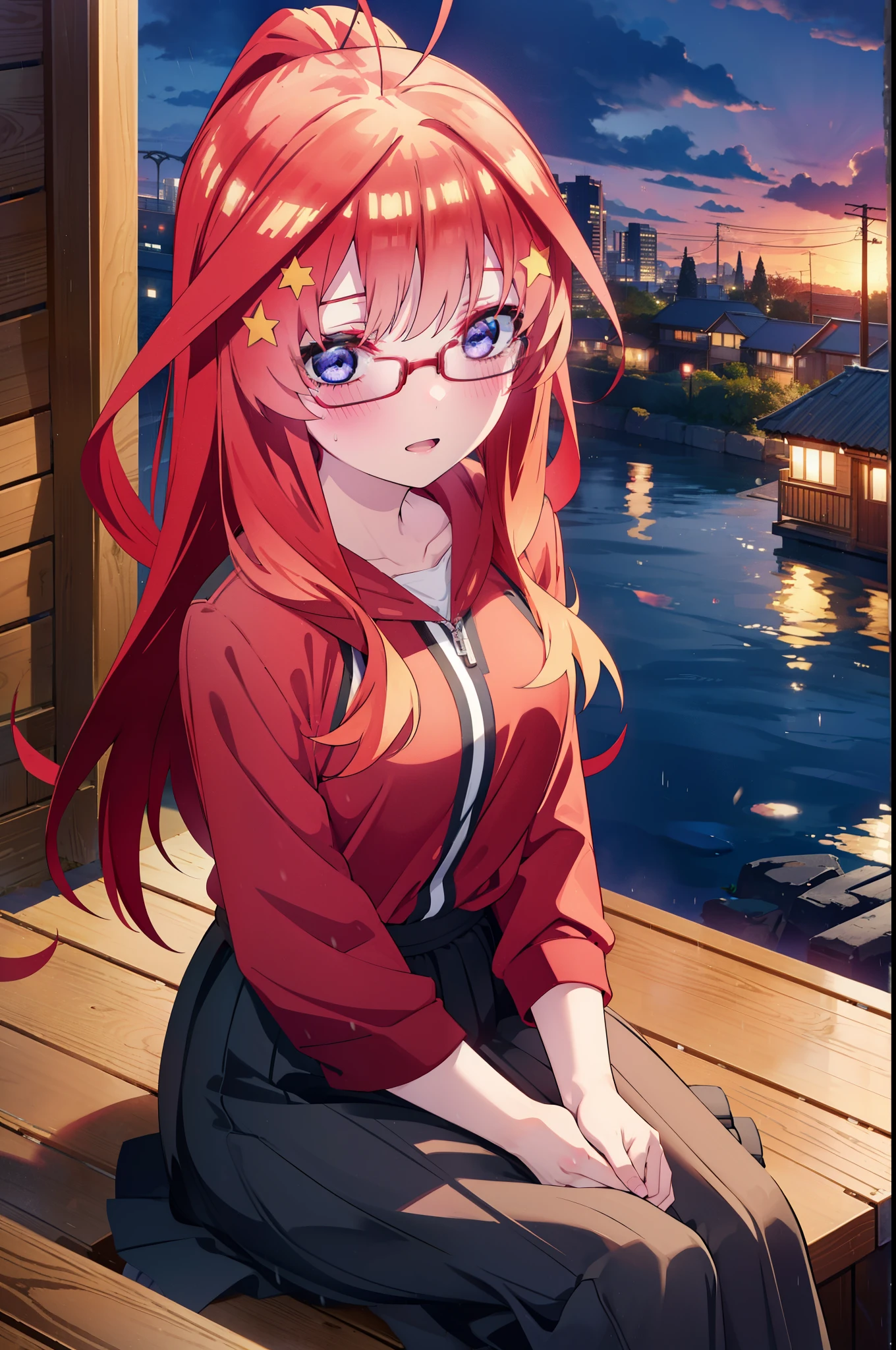 itsukinakano, itsuki nakano, bangs, blue eyes, Hair between the eyes, Ahoge, Redhead, star \(symbol\), hair ornaments, star hair ornaments,smile,blush,Open your mouth,ponytail,Red-rimmed glasses,Oversized red hoodie and long skirt,Black pantyhose,boots,Hiding in a roofed building,Sitting on the steps of a roofed building,rain,night,cloudy,whole bodyがイラストに入るように,
break indoors, Alley,
break looking at viewer, whole body,
break (masterpiece:1.2), Highest quality, High resolution, unity 8k wallpaper, (figure:0.8), (Beautiful attention to detail:1.6), Highly detailed face, Perfect lighting, Highly detailed CG, (Perfect hands, Perfect Anatomy),
