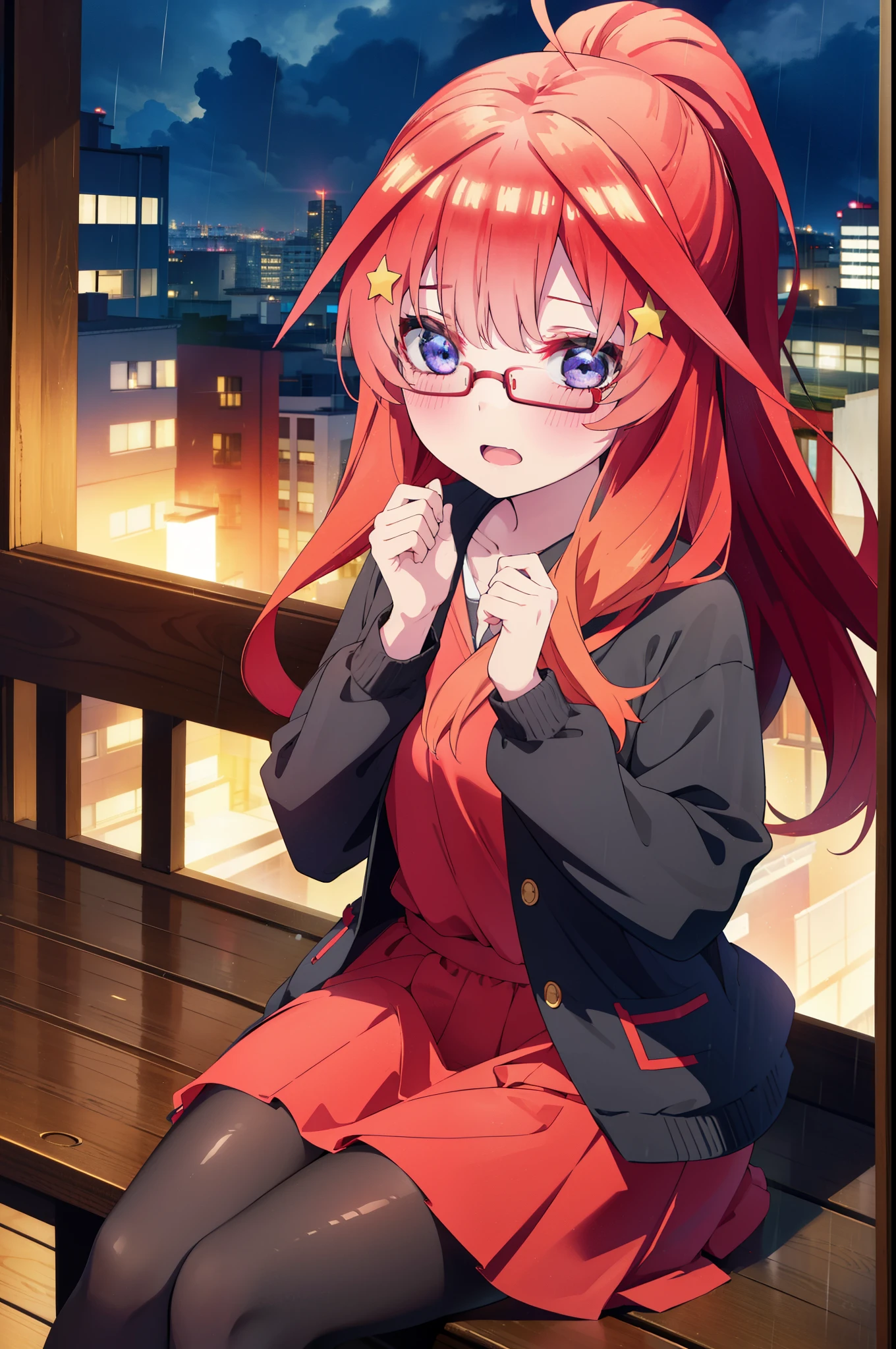 itsukinakano, itsuki nakano, bangs, blue eyes, Hair between the eyes, Ahoge, Redhead, star \(symbol\), hair ornaments, star hair ornaments,smile,blush,Open your mouth,ponytail,Red-rimmed glasses,Oversized red hoodie and long skirt,Black pantyhose,boots,Hiding in a roofed building,Sitting on the steps of a roofed building,rain,night,cloudy,whole bodyがイラストに入るように,
break indoors, Alley,
break looking at viewer, whole body,
break (masterpiece:1.2), Highest quality, High resolution, unity 8k wallpaper, (figure:0.8), (Beautiful attention to detail:1.6), Highly detailed face, Perfect lighting, Highly detailed CG, (Perfect hands, Perfect Anatomy),