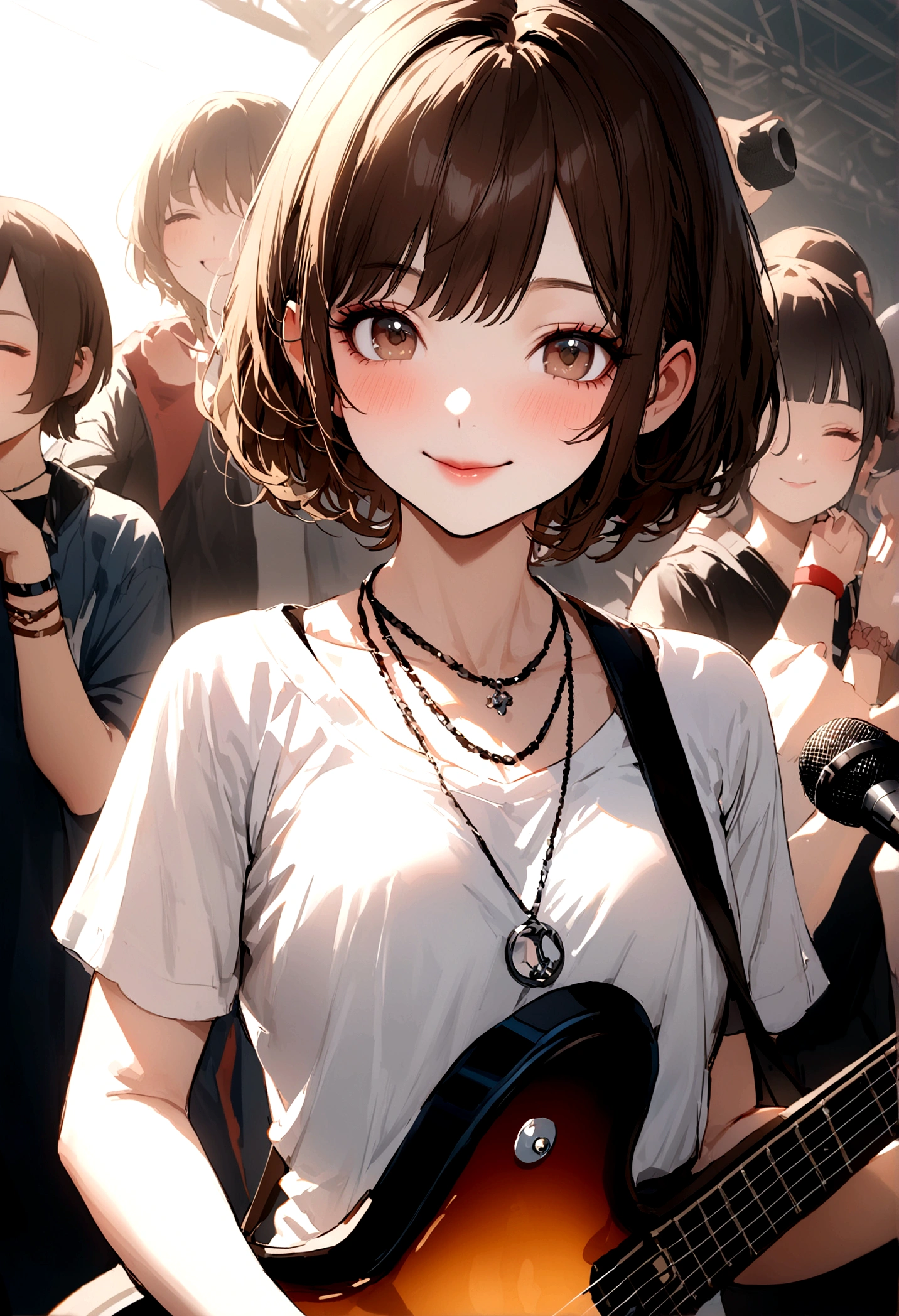 ((Highest quality))、(masterpiece:1.4)、Raw photo、8K、((Best image quality))、 ((High resolution))、Beautiful face in every detail、Realistic human skin、Gentle expression、(One Woman:1.3 )、Realistic、(Pretty short hair:1.4)、(Beautiful woman:1.3)、(She looks like a cute Japanese girl))、(mannish)、((Beautiful woman))、(Beautiful Hair)、((Dark brown hair))、(((Red cheeks)))、(Her eyes are big:1.3)、20 year old beauty、(Her face is small:1.3 )、Small Head、((Long neck))、Pale skin、Spotless Skin、With bangs、Everyone longs for、日本のBeautiful woman、8 heads))、(necklace)、(Music Festival:1.4)、singer、(Live Music:1.3)、(Concert T-shirts)、smile、(Larger clothes:1.3)、Happy expression、(Playing the bass guitar:1.4)、(on stage:1.3)、Stand microphone、Wristband、bracelet、((Young women respect her))、Charismatic Model、She has many fans、rock band、