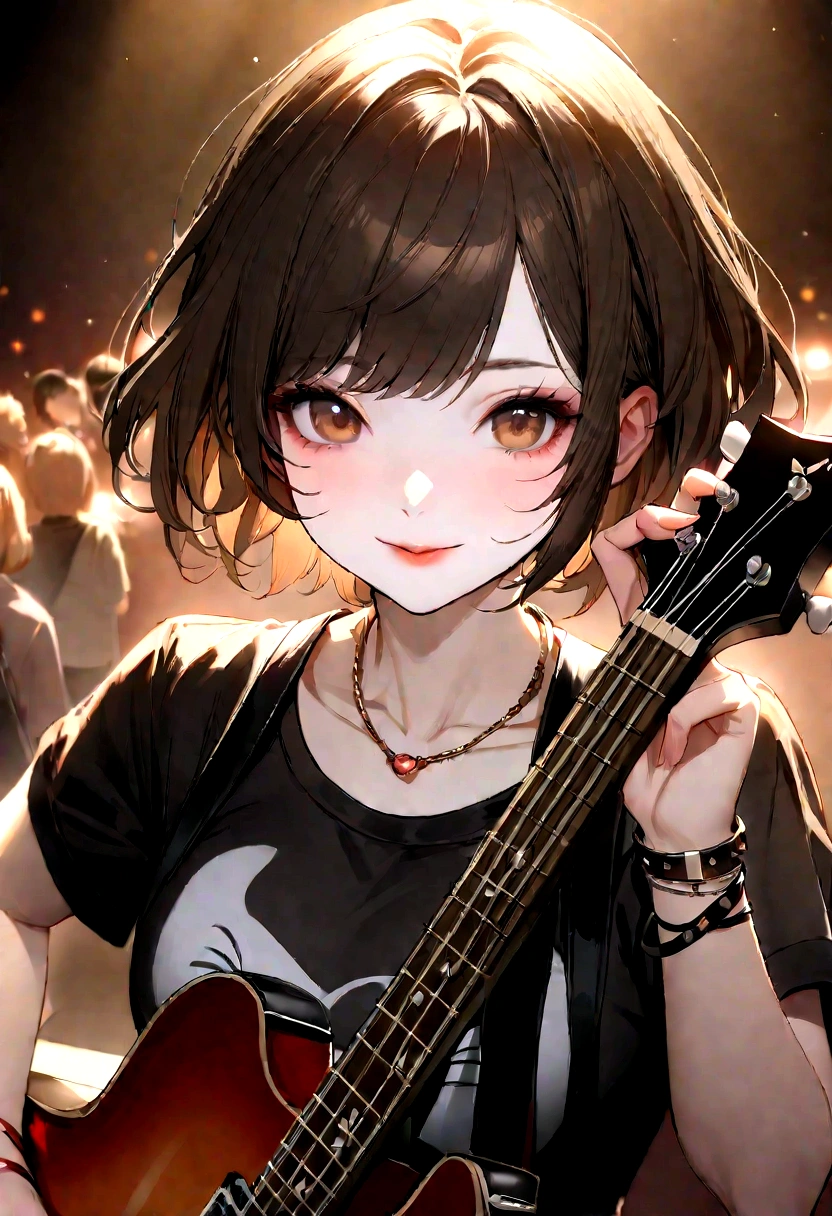 ((Highest quality))、(masterpiece:1.4)、Raw photo、8K、((Best image quality))、 ((High resolution))、Beautiful face in every detail、Realistic human skin、Gentle expression、(One Woman:1.3 )、Realistic、(Pretty short hair:1.4)、(Beautiful woman:1.3)、(She looks like a cute Japanese girl))、(mannish)、((Beautiful woman))、(Beautiful Hair)、((Dark brown hair))、(((Red cheeks)))、(Her eyes are big:1.3)、20 year old beauty、(Her face is small:1.3 )、Small Head、((Long neck))、Pale skin、Spotless Skin、With bangs、Everyone longs for、日本のBeautiful woman、8 heads))、(necklace)、(Music Festival:1.4)、singer、(Live Music:1.3)、(Concert T-shirts)、smile、(Larger clothes:1.3)、Happy expression、(Playing the bass guitar:1.4)、(on stage:1.3)、Stand microphone、Wristband、bracelet、((Young women respect her))、Charismatic Model、She has many fans、rock band、